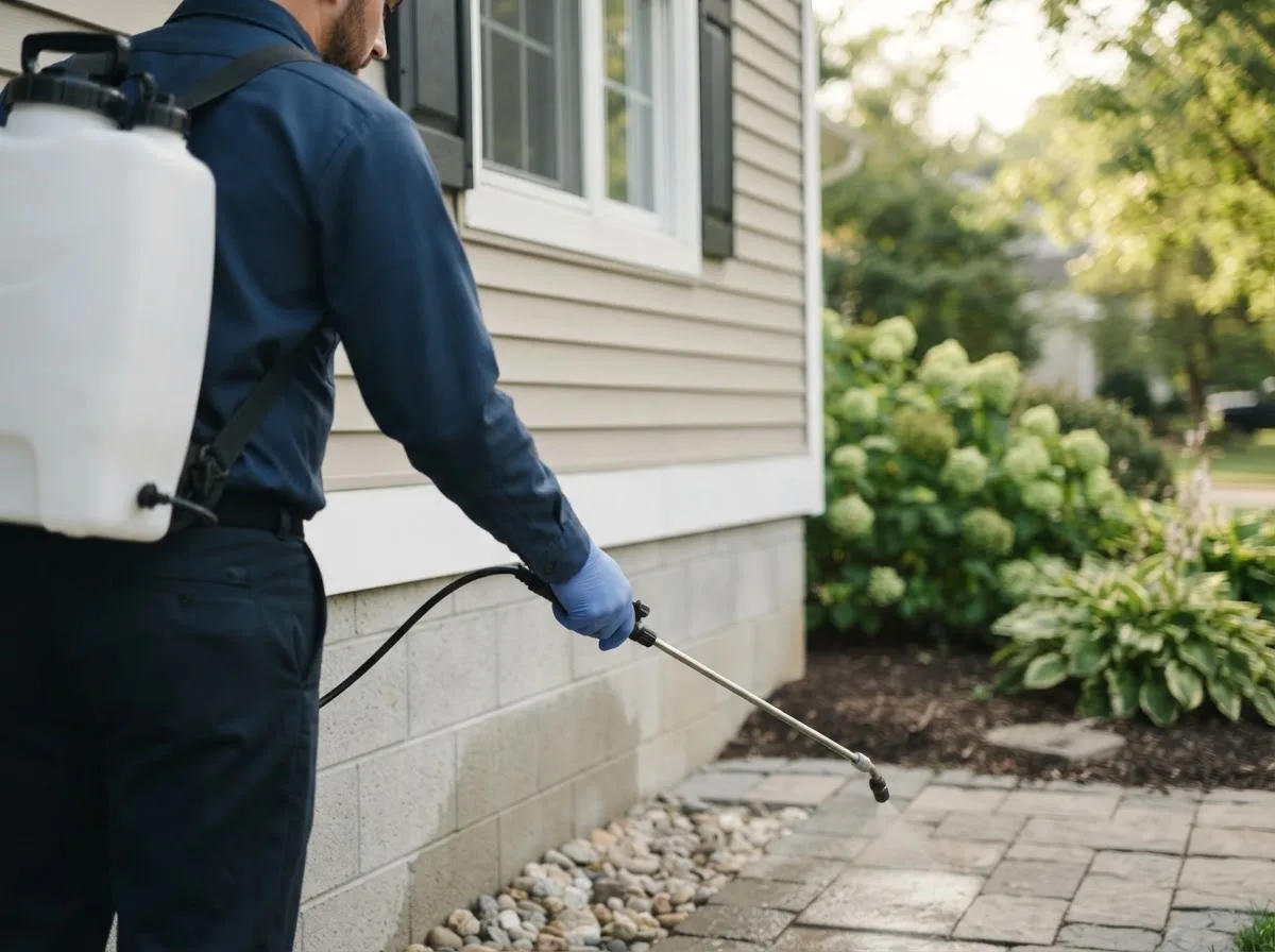 Pest control technician inspecting a home in Danville, OH